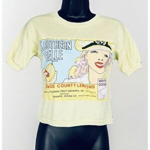 VTG 90s SS Southern Belle Lemons White Goose Fruit Ad Shirt S/M Yellow Crew Crop